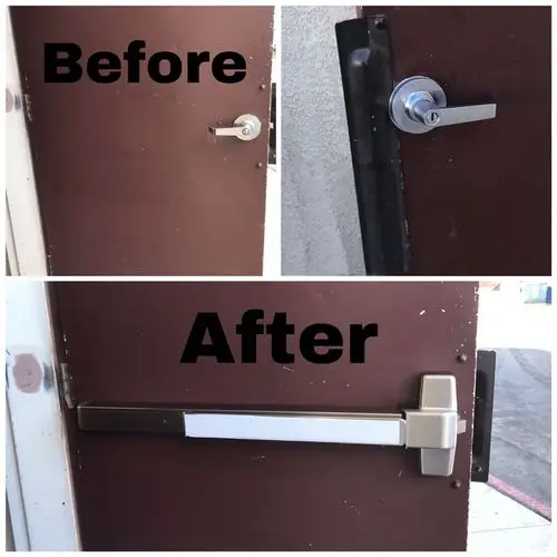 installation push bar with high security keyway on commercial door